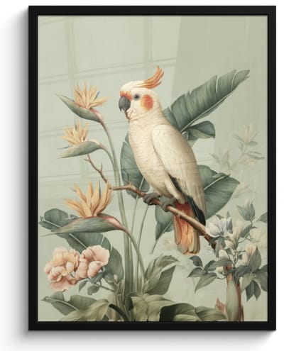 Poster in lijst - Fotolijst 60x80 cm - Posters - Gele kuifkaketoe - paradijsvogelbloemen - Groen - Posterlijst zwart - Decoratie - Wanddecoratie woonkamer - Muurdecoratie slaapkamer