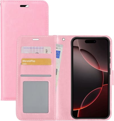 Hoesje - Met Pasjeshouder - Geschikt voor Apple iPhone 16 Pro - Luxe Bookcase Portemonee - Flip Case - Kunstleer Book Case - Flipcase - Book Cover - Walletcase - Portemonneehoes - Lichtroze