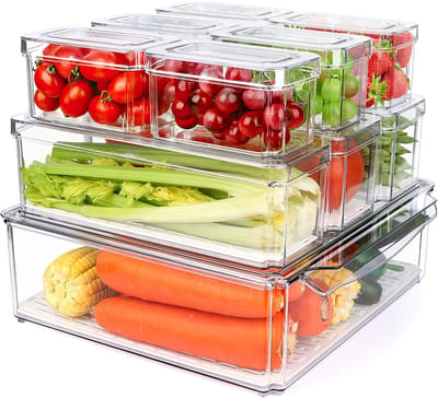 10-delige Koelkast Opbergdozen Set met Drainagefilterplaat – BPA-vrij Transparante Vershouddozen in 3 Maten 500ml 1600ml & 4500ml – Stapelbaar Koelkastorganizer voor Groenten Fruit & Maaltijdprep – Voedselveilig PET PP Filterplaat & TPR Siliconen Dop