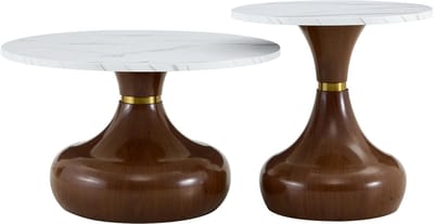 Ronde salontafel set van 2 - Marmerlook & Walnoot - Zandloper onderstel in walnootlook - Woonkamer - Wit/Bruin