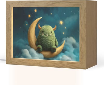 Nachtlampje 20x15 cm - Kinder lampje - Monster - Groen - Maan - Wolken - Tafellamp kinderkamer - Slaapkamer lamp - Bedlamp kinderen - Kinderlampje stopcontact - Wandlamp babykamer - Nachtlampjes