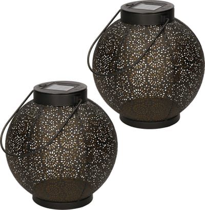 2x stuks anna's collection solar lantaarn - zwart - cirkels - 19 cm - tafellamp - zonne-energie - tuinverlichting - tuinlantaarns