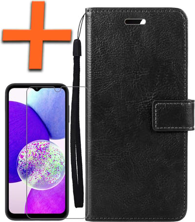 Hoes - Met Screenprotector - Geschikt voor Samsung Galaxy A14 - Luxe Pasjeshouder - Bookcase Portemonee - Flip Case - Kunstleer Book Case - Flipcase - Book Cover - Walletcase - PortemonneeHoes - Zwart