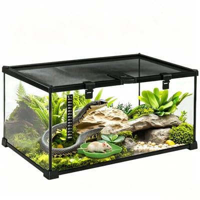 ECTEATOY® Glazen Terrarium voor Reptielen en Amfibieën met Schuifdeksel - Incl. Thermometer - Waterbakje - Zwart - 50x30x25 cm