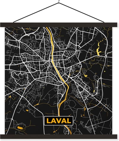 Posterhanger incl. Poster 60x60 cm - Schoolplaat - Frankrijk - Stadskaart - Laval - Plattegrond - Kaart - Textielposter - Zwarte latten - Stadskaart