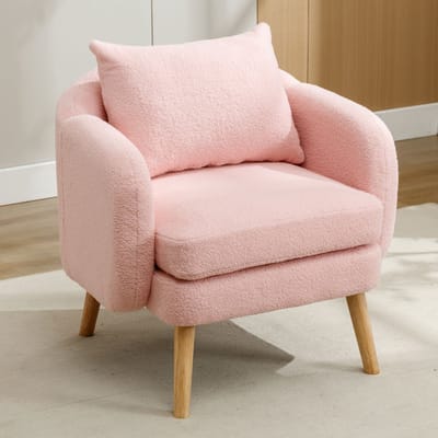 Sweiko Moderne eenvoudige teddy fluwelen fauteuil met kussen, extra dikke kussen fauteuil, enkele sofa fauteuil, gewatteerde fauteuil, vrijetijdsstoel, massief houten beenstoel