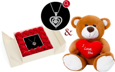 Bloemen & Teddybeer & Silverplated Hartjes Ketting | Ketting Dames |Sieradendoos | Vrouw | Vriendin | Moeder | Dochter | Verjaardag | Cadeau | Geschenkset Vrouwen | Juwelendoos | Rozenblaadjes | Geschenkdoos |