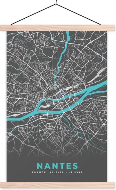 Posterhanger incl. Poster 40x60 cm - Schoolplaat - Nantes - Frankrijk - Kaart - Stadskaart - Plattegrond - Textielposter - Blanke latten - Stadskaart