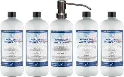 Handzeep White Lotus 1 liter - set van 5 stuks - met gratis RVS zilverkleurige pomp - Voordeelverpakking