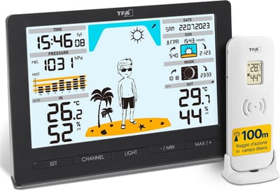 Draadloos Weerstation - Weerman Meteo Jack - Weersvoorspelling Thuis - Kledingadvies Weersymbolen - 194x133mm - Zwart