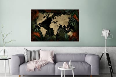 Aluminium schilderij 180x120 cm - Wanddecoratie metaal - Wereldkaart - Vintage - Bladeren - Metalen muurdecoratie woonkamer - Decoratie industrieel - Foto op dibond - Industriële accessoires slaapkamer
