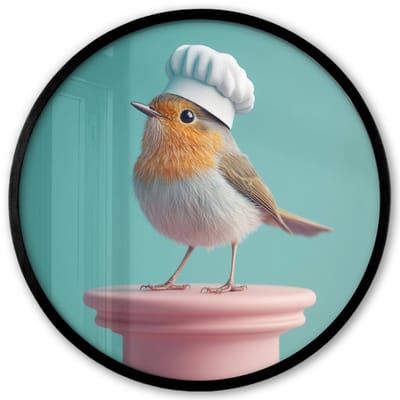 Poster in lijst Rond - Fotolijst 40x40 cm - Posters - Roodborstje - Vogel - Koksmuts - Sokkel - Ronde posterlijst zwart - Decoratie - Wanddecoratie woonkamer - Muurdecoratie slaapkamer