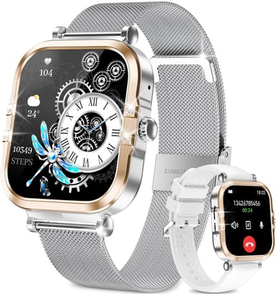 RAYOFI - Smartwatch - Nieuwe damessmartwatch 2026 - 1,75-inch sporthorloge - Met telefoonfunctionaliteit - Dubbele bandjes - Volledig touchscreen - Vierkant ontwerp - Stijlvol damessporthorloge - Zilver - Compatibel met Android 4.4+ / iOS 10.0+