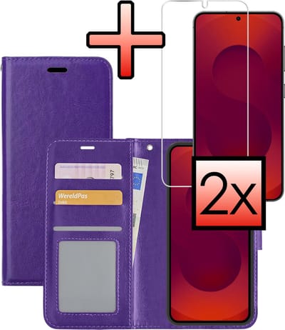 Hoesje - Met 2x Screenprotector - Geschikt voor Samsung Galaxy S25 - Luxe Pasjeshouder - Bookcase Portemonee - Flip Case - Kunstleer Book Case - Flipcase Hoes - Book Cover - Walletcase - Portemonneehoes - Paars