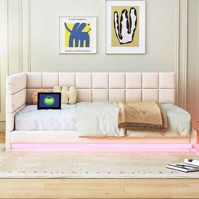 KOMHTOM Tweepersoonsbed Volwassen bed 140 x 200 cm met LED-balk USB-stopcontact en Hout lattenbodem Stof Beige