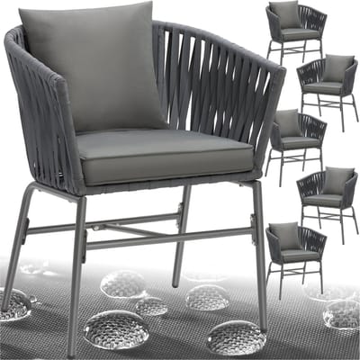 tectake® Tuinstoelen Valeiras - Set van 6 - Metalen Buitenstoel met Rope Design - Terrasstoel met Armleuningen - Tuinstoel - Tuin Fauteuil - Tuinmeubels - Tuinset met Waterafstotende Kussens en Verstelbare Poten
