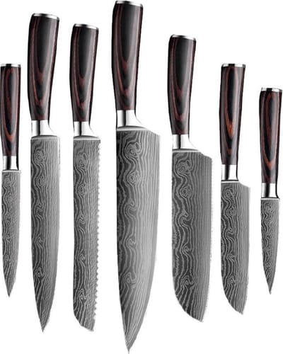 Shinrai Knives - Messenset - 7 delig - Koksmes - Japans Design - Mes - Japanse Damascus Print - Met Luxe Geschenkdoos - Keukenmessen