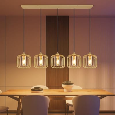 Glitzerlife - Hanglampen - vintage industrieel design - 5xE27 - hoogte verstelbaar - glazen hanglamp met metalen frame - Ø100cm - zwart - hanglampen eetkamer woonkamer
