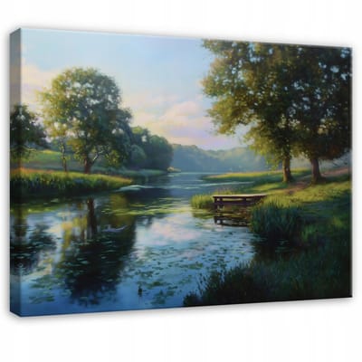 WALLARENA - Schilderij op canvas - 100x70 cm - Bos Rivier Natuur Bomen - Geschikt voor slaapkamer, woonkamer, keuken