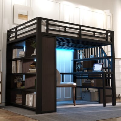 Wishdor Hoogslaper - 140 x 200 cm - Met Bureau en Opbergrekken - Ledlichtstrip met App - Opbergtreden - Metaal en MDF Zwart - Ruimtebesparende Studie- en Slaapplek voor Tienerkamer - Stabiel tot 250 kg