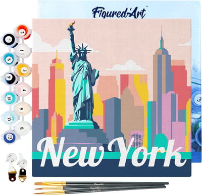 Figured'Art Mini Schilderen op Nummer Volwassenen 20x20cm met lijst Reisposter New York Statue of Liberty - Klein Formaat Creatieve Hobby Kit DIY Art Nummer Compleet
