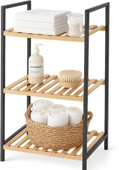 Lomera Badkamerrek Bamboe - Handdoekenrek - Zwart Metalen Frame - Bamboe Legplanken - 3 Etages - Badkamer Organizer - Opbergrek Badkamer - Staand Rek - Fsc Gecertificeerd - Badkamerbenodigdheden Opbergen - Natuurlijke Stijl