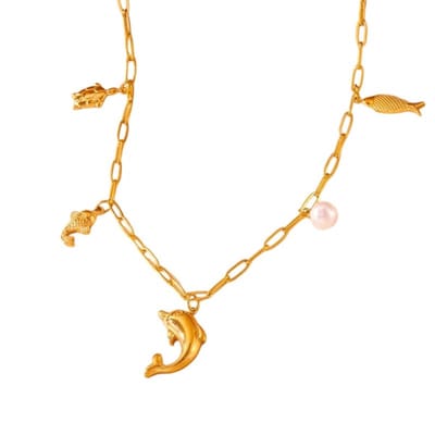 Aramat Jewels | Halskettingen | Goudkleurige damesketting met zee-bedels & parel – 45 cm | | | |1,5mm | Staal | Volwassenen | Verkleurd niet