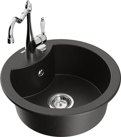 Mexen Diego granieten gootsteen 1-kamerig met keukenkraan Carla, zwart/goud metallic - 6512-75-670700-00
