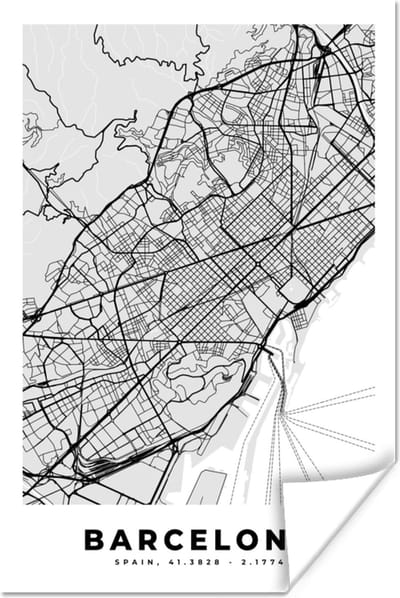 Poster Barcelona - Stadskaart - Plattegrond - Zwart Wit - Kaart - 120x180 cm XXL