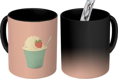 Magische Mok - Foto op Warmte Mokken - Koffiemok - Bakje - Ijs - Aardbei - Roze - Magic Mok - Beker - 350 ML - Theemok
