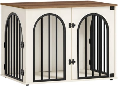 Hondenbench Meubel – Voor Binnen – 80 cm Hondenbox met 3 Deuren en Boogdeur, Te Gebruiken als Bijzettafel – Wit Bruin