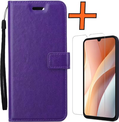 Hoes - Met Screenprotector - Geschikt voor Samsung Galaxy A15 - Luxe Pasjeshouder - Bookcase Portemonee - Flip Case - Kunstleer Book Case - Flipcase - Book Cover - Walletcase - PortemonneeHoes - Paars