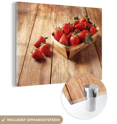 ® Glasschilderij 160x120 cm - Schilderij acrylglas - Aardbei - Tafel - Fruit - Foto op glas - Muurdecoratie woonkamer - Wanddecoratie slaapkamer - Schilderijen