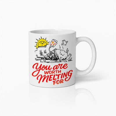 You Are Worth Melting For Mok 330ml – Schattige Romantische Koffiebeker met Grappig Zon & IJsje Ontwerp – Perfect Cadeau voor Liefde & Vriendschap