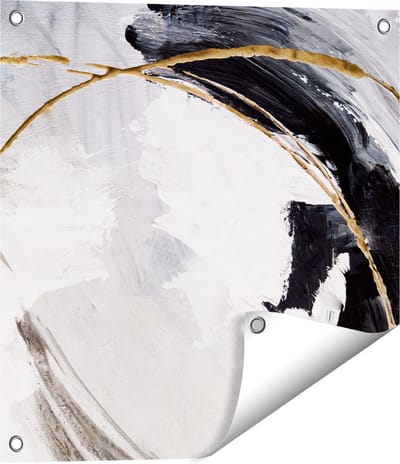 Gards Tuinposter Abstracte Kunst - Wit met Zwart en Goud - 50x50 cm - Tuindoek - Tuindecoratie - Wanddecoratie buiten - Tuinschilderij