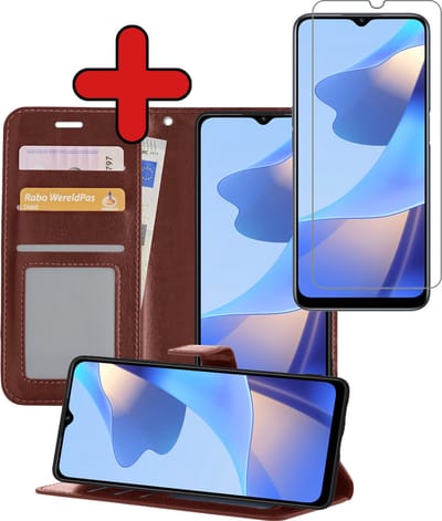 Hoesje - Met Screenprotector - Geschikt voor OPPO A16s - Luxe Pasjeshouder - Flipcase - Bookcase Portemonee - Flip Case - Kunstleer Book Case - Book Cover - Walletcase - Portemonneehoes - Telefoonhoes - Bruin