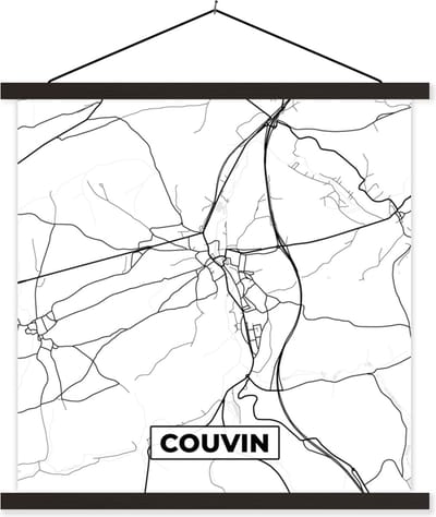 Posterhanger incl. Poster 60x60 cm - Schoolplaat - Plattegrond – Couvin – Zwart Wit – Stadskaart - België - Kaart - Textielposter - Zwarte latten - Stadskaart