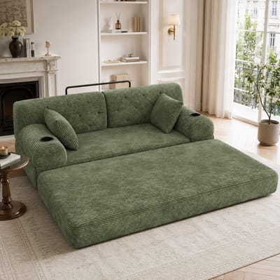 MIVRAY Slaapbank 168 x 80 x 81 cm - 2-Zits Met Slaapfunctie, Hoge Rugleuning En Bekerhouders - Voor Woonkamer - Cord Groen
