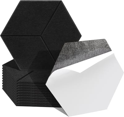 Zelfklevende akoestiekpanelen 12 stuks zwart, zeshoekige geluidsabsorberende viltpanelen 15 cm, 0,9 cm dik
