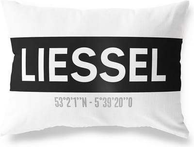 Tuinkussen LIESSEL - NOORD-BRABANT met coördinaten - Buitenkussen - Bootkussen - Weerbestendig - Jouw Plaats - Studio216 - Modern - Zwart-Wit - 50x30cm