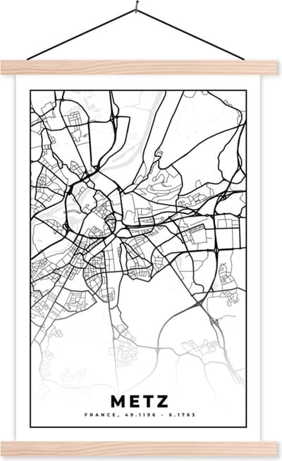 Posterhanger incl. Poster 40x60 cm - Schoolplaat - Frankrijk - Kaart - Metz - Plattegrond - Stadskaart - Zwart wit - Textielposter - Blanke latten - Stadskaart