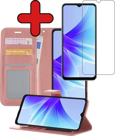 Hoesje - Met Screenprotector - Geschikt voor OPPO A17 - Luxe Pasjeshouder - Flipcase - Bookcase Portemonee - Flip Case - Kunstleer Book Case - Book Cover - Walletcase - Portemonneehoes - Telefoonhoes - Rosé goud