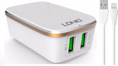 LDNIO A2204 2-stekker snellader USB 2.4A oplader met Geschikt voor: Lightning kabel Geschikt voor: iPhone 11 / Pro / Max / X / Xs/ XR / MAX / 8 / 8 Plus / SE / 2020 / 5S / 5 / 5C / 6S / 6 Plus / 7 / 7 Plus