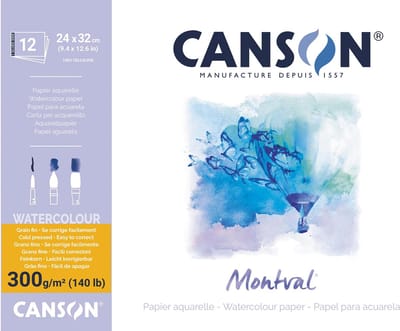 Montval aquarelpapier, wit met fijne korrel 300 g/m², ft 24 x 32 cm, blok met 12 vellen 10 stuks