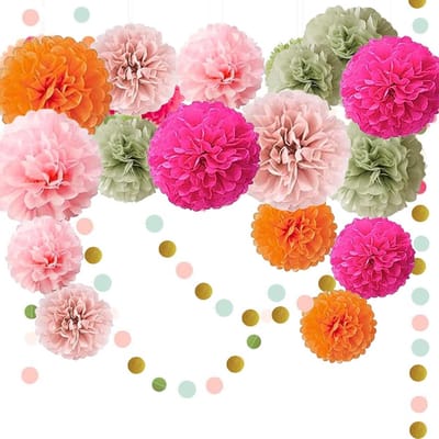 Feestelijke Decoratieset voor Bruiloften en Verjaardagen met Sage Groene en Roze Pompoms en Papieren Cirkel Dots, Perfect voor Feestjes en Evenementen