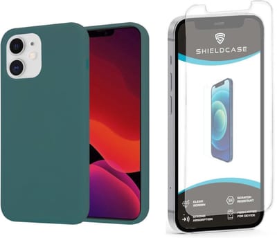 ShieldCase bundel - Silicone case + screenprotector geschikt voor Apple iPhone 12 Mini – schokbestendig hoesje met optimale bescherming – perfecte pasvorm – premium TPU en siliconen materiaal – krasbestendig en anti-slip grip – Donkergroen