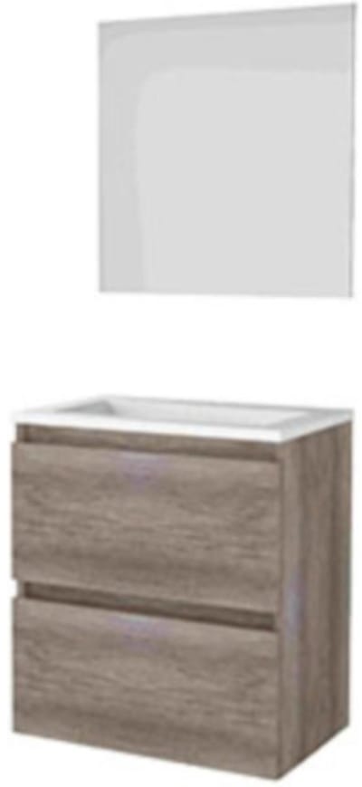 Basic-Line Ultimate 39 Badkamermeubelset - Ondiep - 60 x 39 cm - Greeploos - 2 Lades - Acryl Wastafel - 1 Kraangat - Spiegel met Indirecte LED Verlichting - Scotch Oak