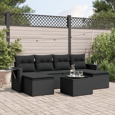 vidaXL - 7-delige - Loungeset - met - kussens - poly - rattan - zwart