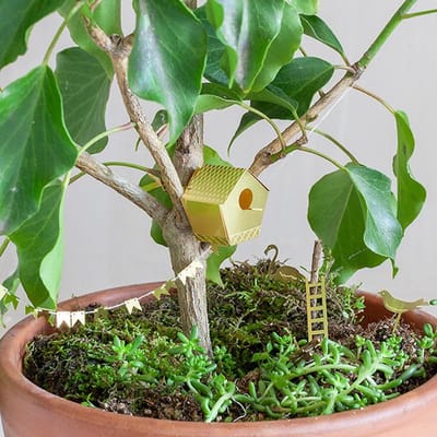 Vogelhuisje Kamerplant - Piepklein vogelhuisje voor je planten - Tiny Birdhouse Messing - Cadeau Plantenliefhebber