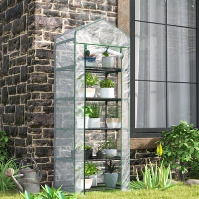MODFU - Kweekkas Met Oproldeur - 5 Niveaus Met Transparante Kunststof Hoes - Stalen Frame - Wit - 69 X 49 X 193 Cm